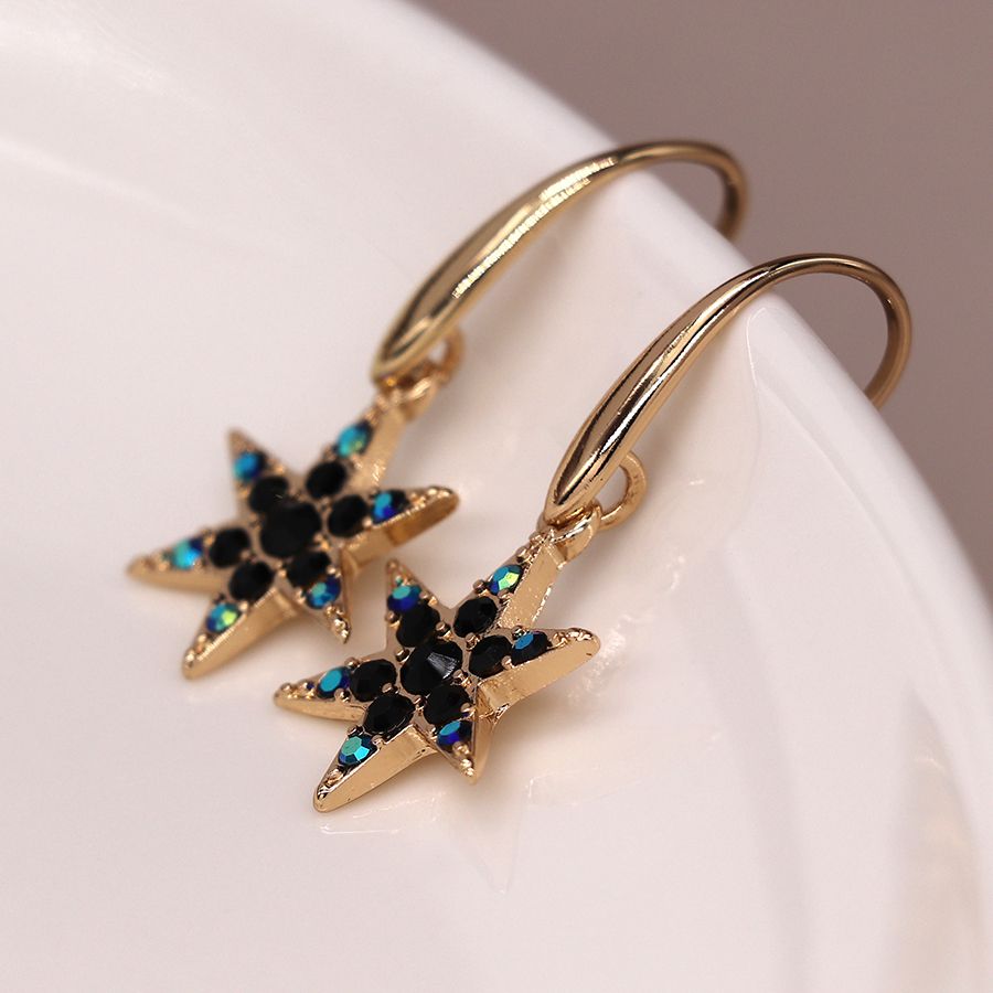 Gold star and black crystal drop earrings