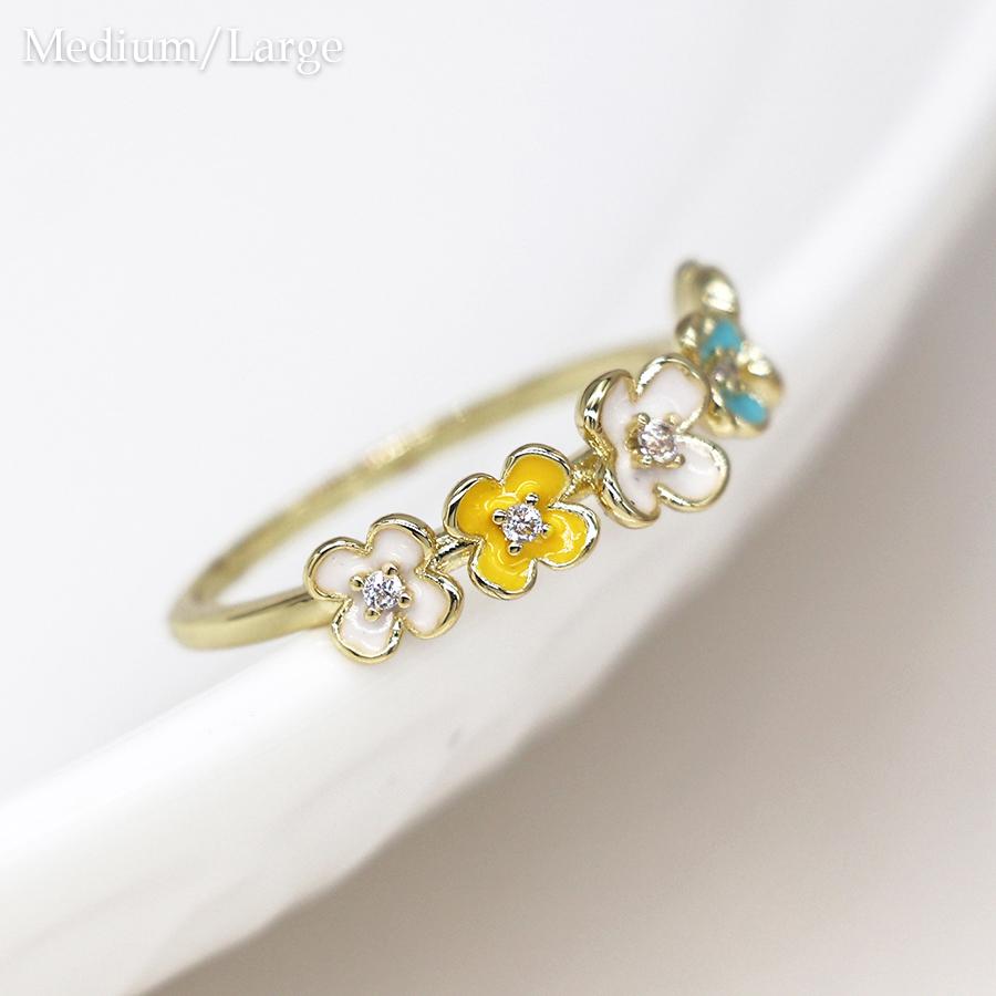 Gold plated mixed enamel and crystal flowers ring