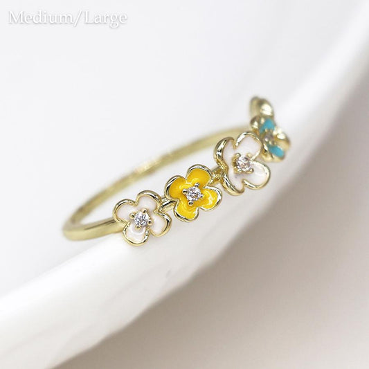 Gold plated mixed enamel and crystal flowers ring