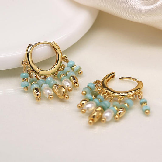 Mixed aqua, gold and pearl hoop earrings with irregular disc