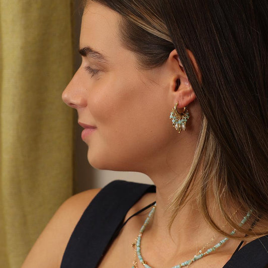 Mixed aqua, gold and pearl hoop earrings with irregular disc