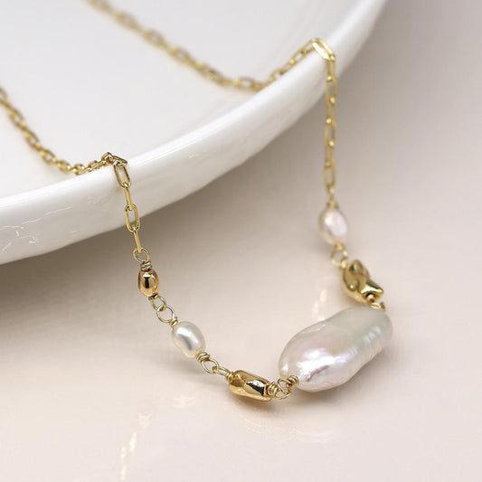 Faux gold plated chain and freshwater pearl necklace