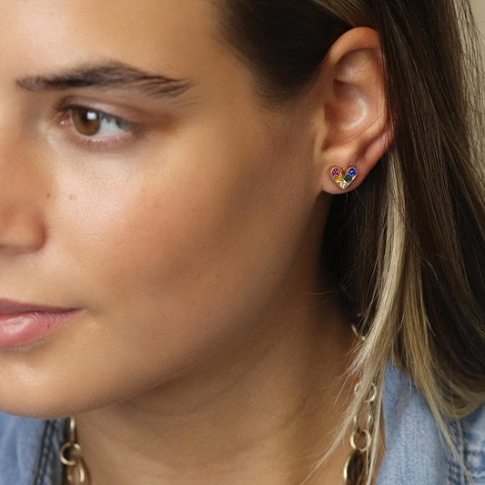 Golden multicolour crystal heart stud earrings