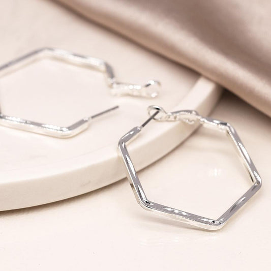 Silver plated hexagon hoop earrings