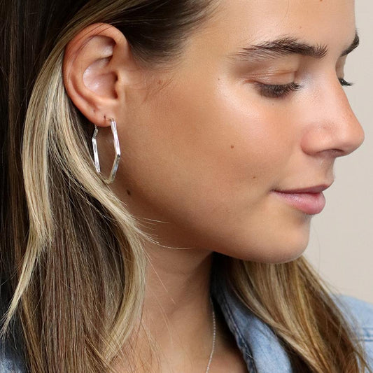 Silver plated hexagon hoop earrings