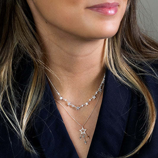 Silver plated crystal star and star drops necklace