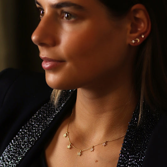 Golden fine chain and crystal star drops necklace