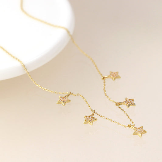 Golden fine chain and crystal star drops necklace