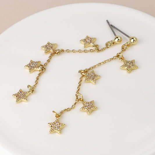 Golden fine chain and crystal star drop earrings