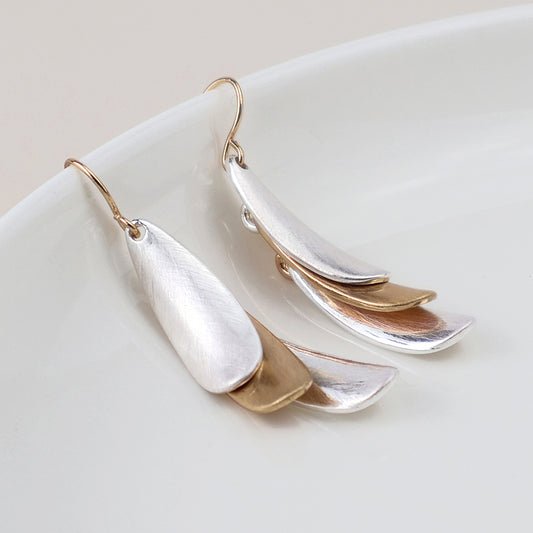 Mixed finish triple layer earrings