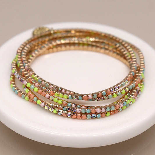 Golden multistrand pastel mix crystal bracelet stack