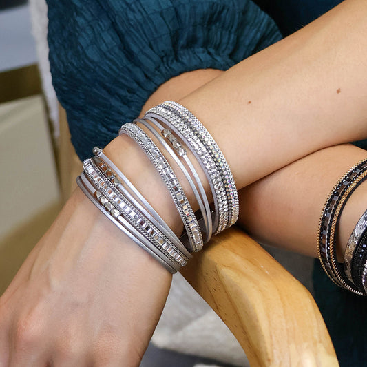 Grey leather and glass multistrand bracelet