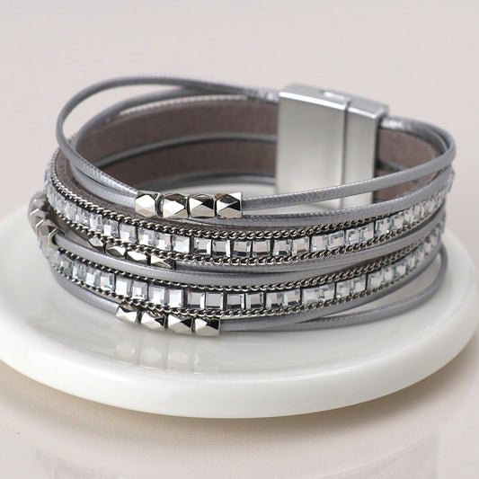 Grey leather and glass multistrand bracelet