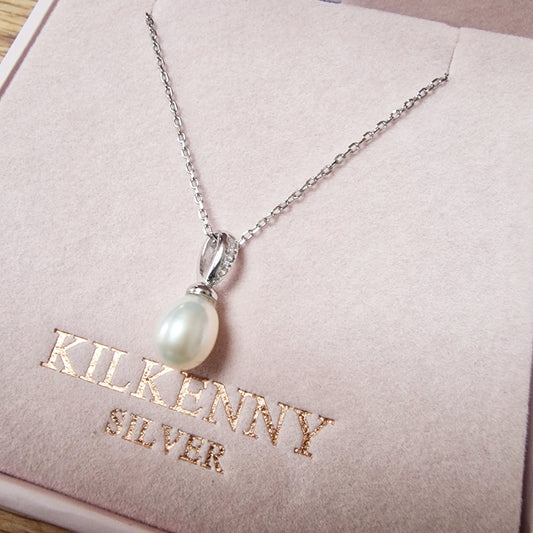 Silver pearl drop necklace with stones