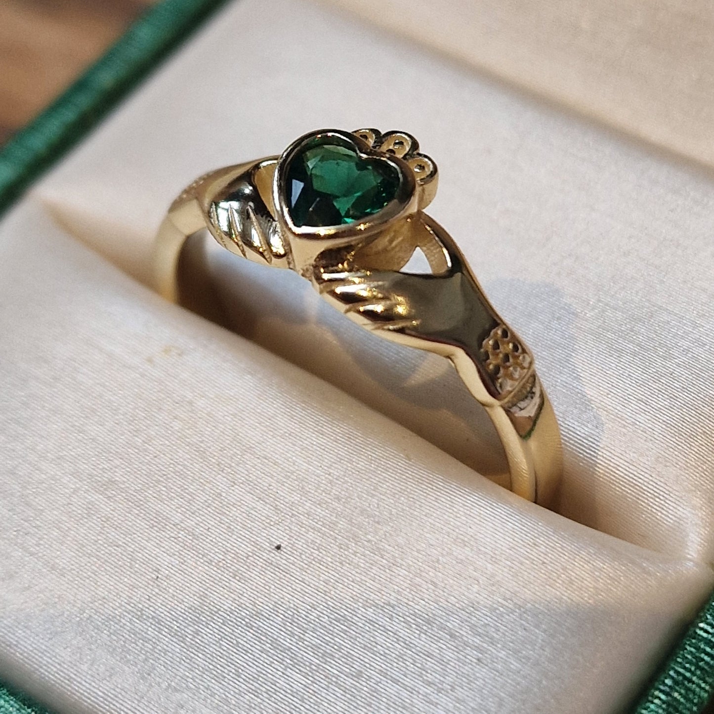 Celtic Claddagh Ring with Emerald Cubic Zirconia- Gold R124