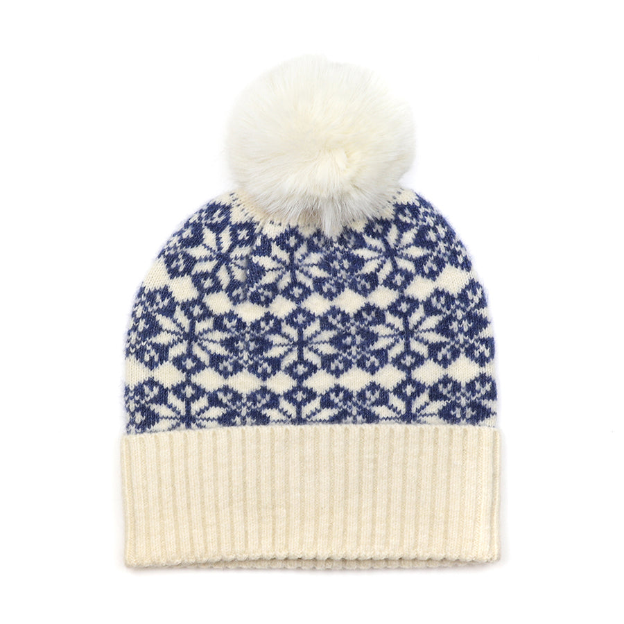 Blue and cream mix starflower knit bobble hat