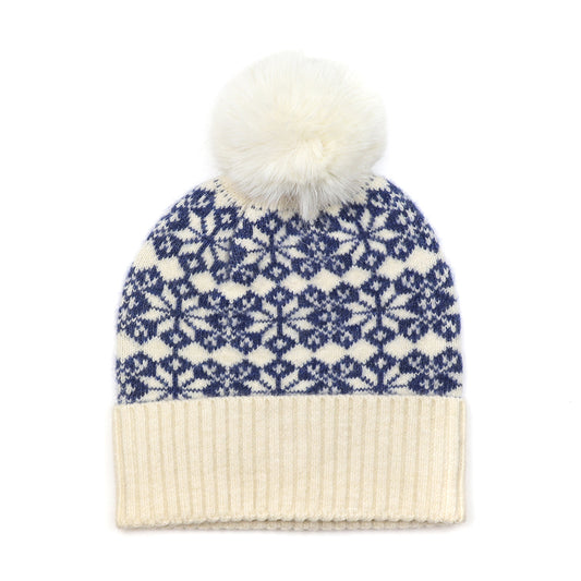 Blue and cream mix starflower knit bobble hat