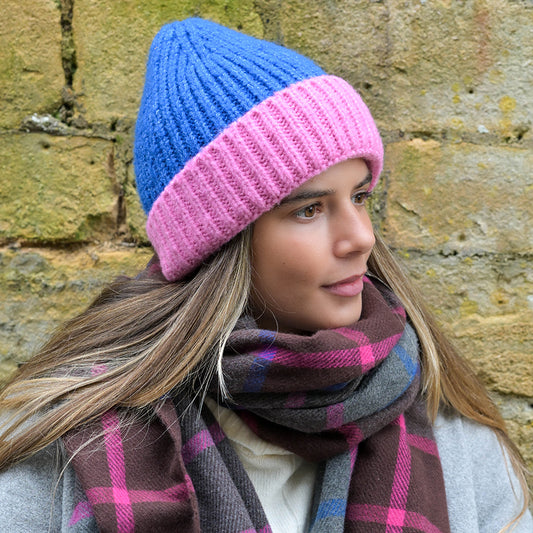 Blue and pink beanie hat