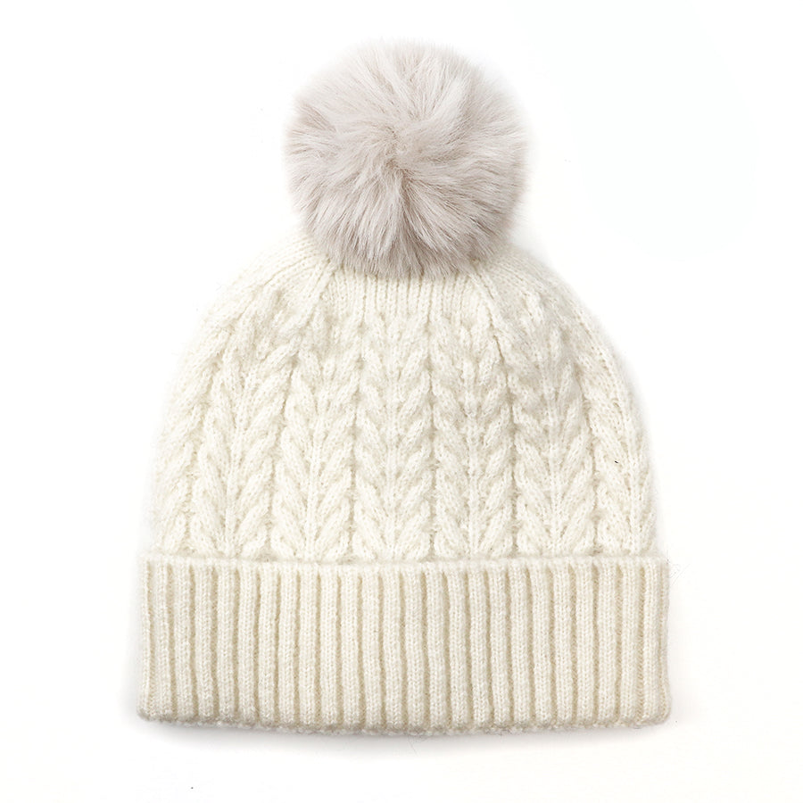 Cream recycled herringbone bobble hat