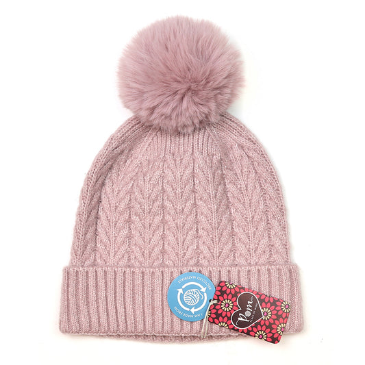 Dusky pink recycled herringbone bobble hat