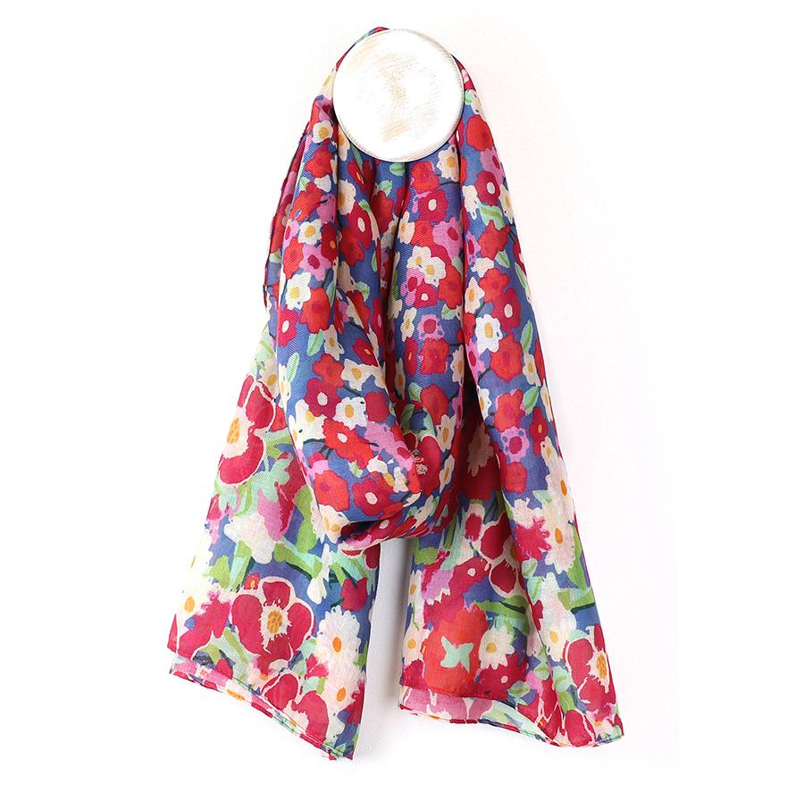 Red mix recycled blend painted floral print scarf 52861