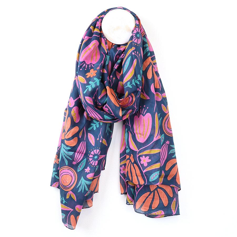 Organic cotton navy and bright abstract meadow print scarf
