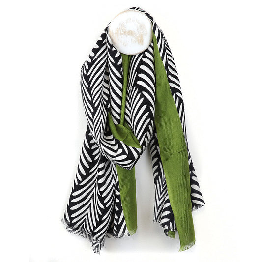 Olive border monochrome leaf print scarf
