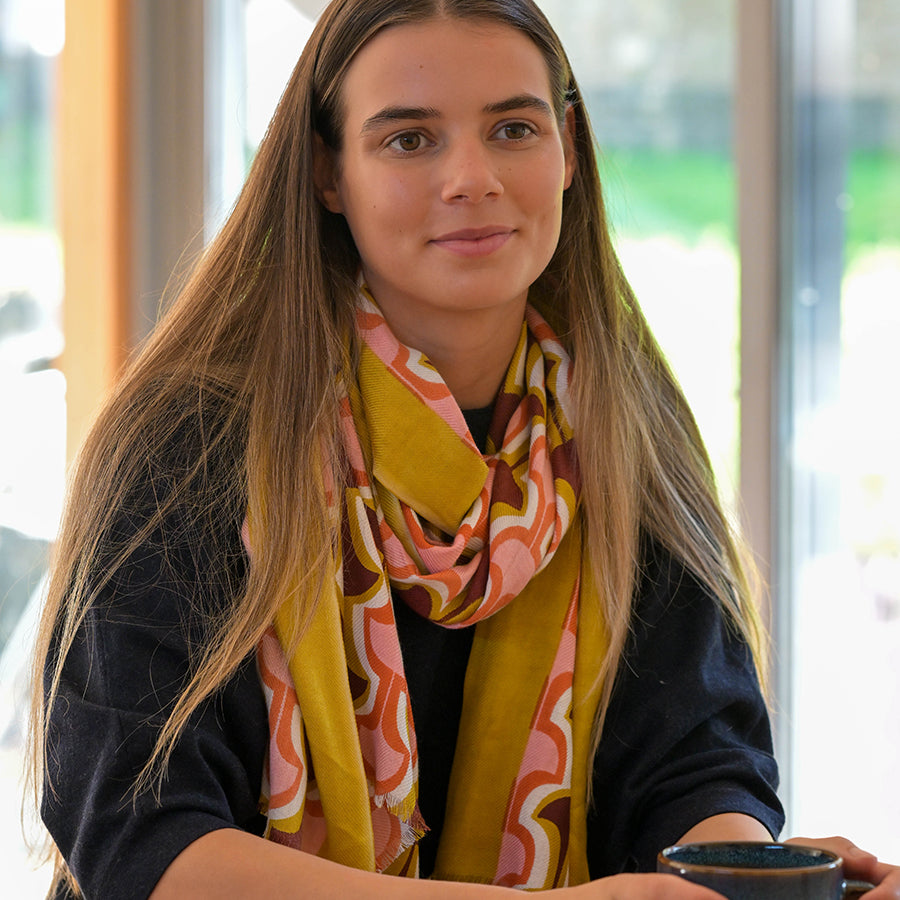 Lime and coral mix retro repeat print scarf