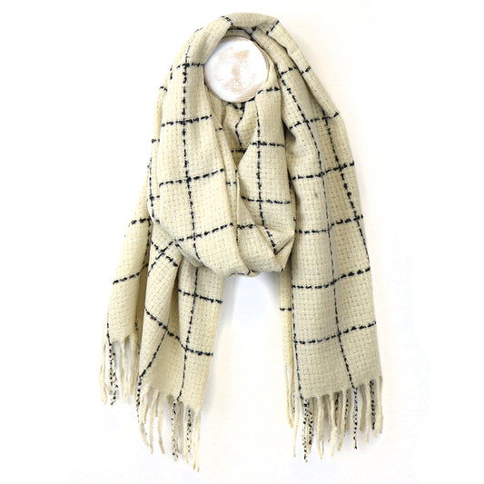Cream fine check scarf with fringe