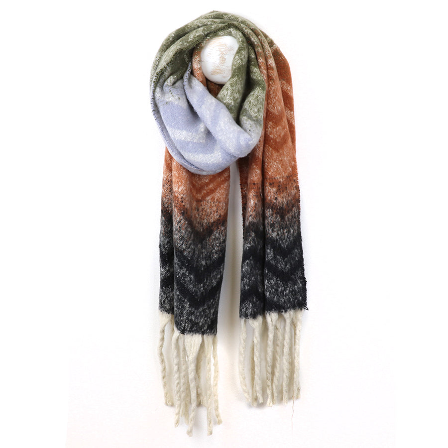 Grey, olive and rust boucle chevron scarf