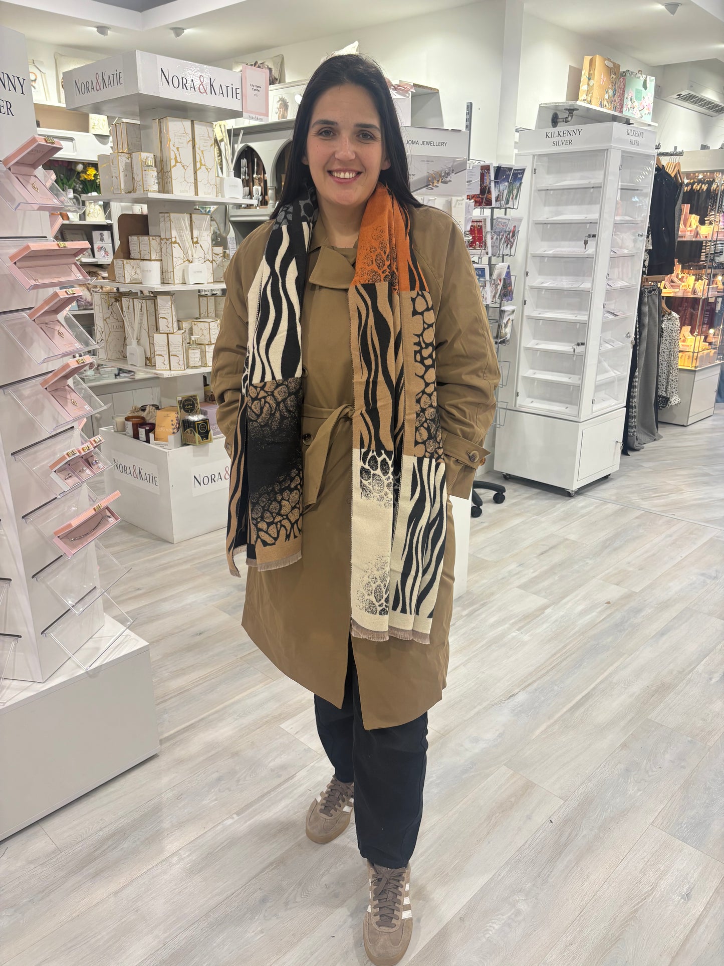 Orange beige and grey animal pattern scarf