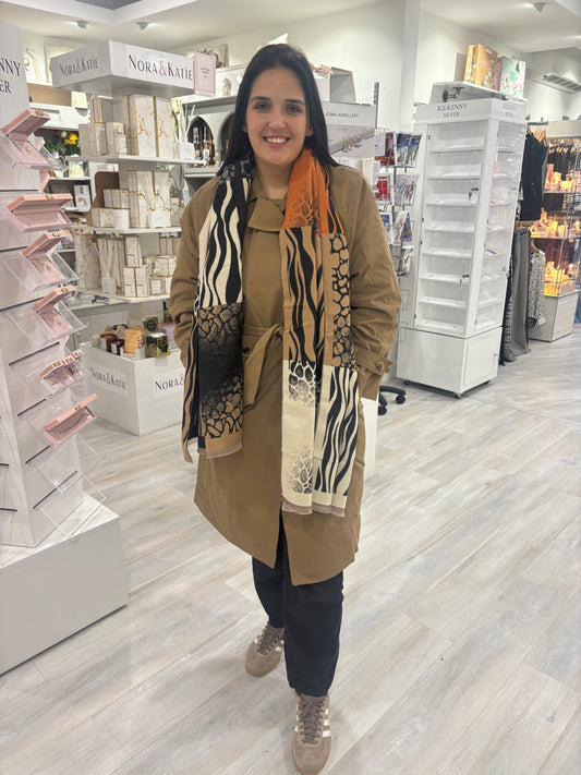 Orange beige and grey animal pattern scarf