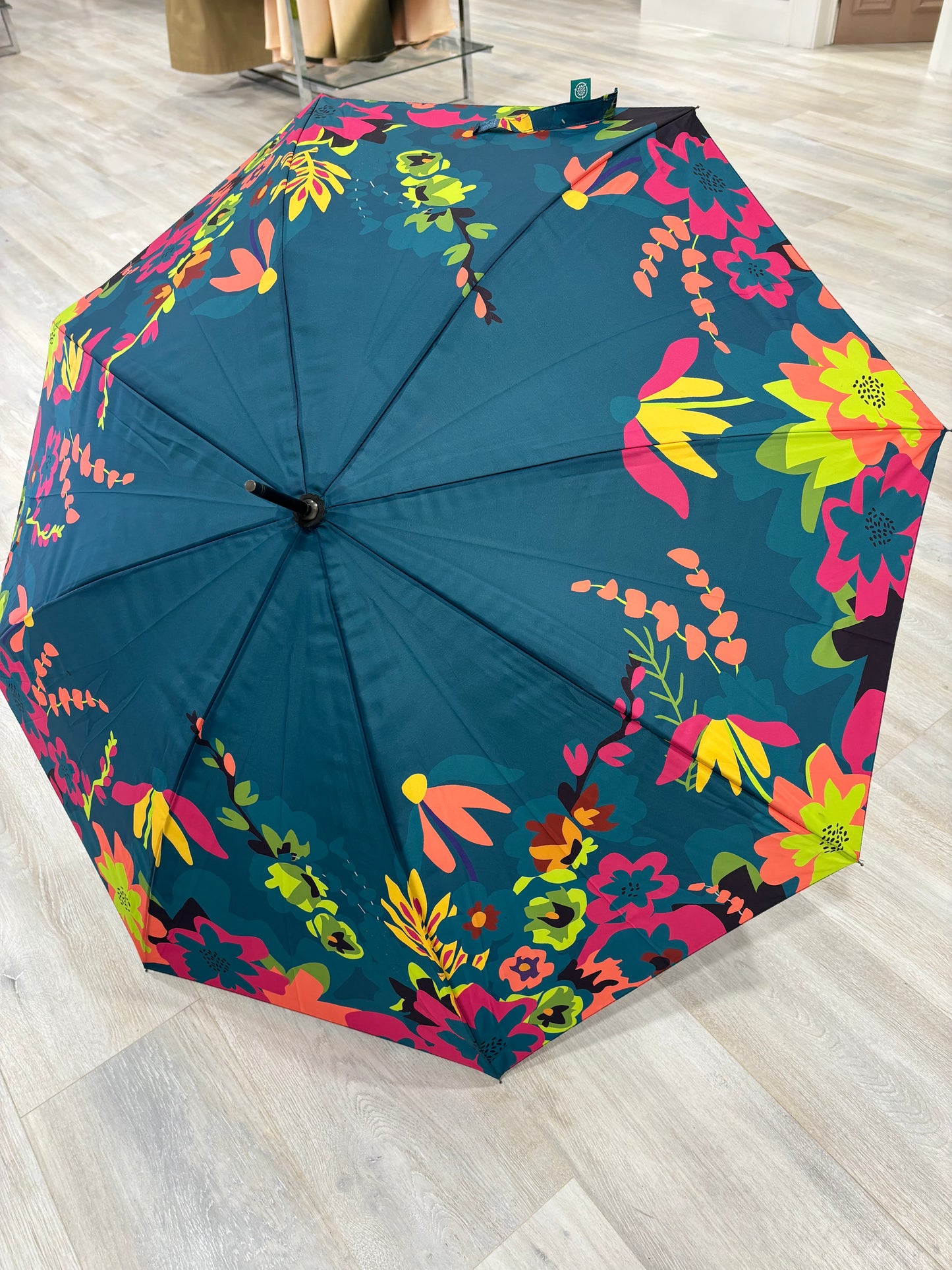 35018 Teal Classic Tropical Floral POM umbrella