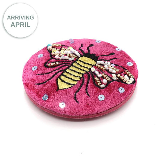 Rich pink velvet embellished bee compact mirror