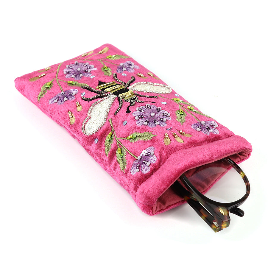Rich pink velvet embellished bee and floral glasses case