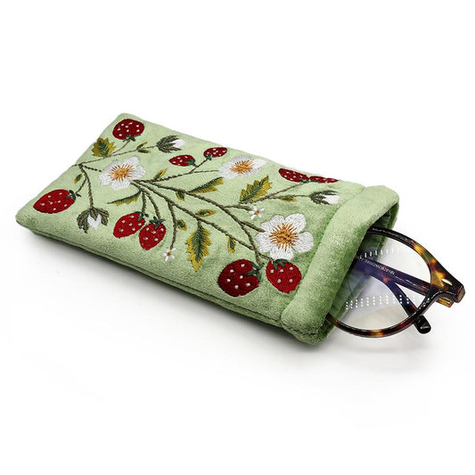 Pale green embroidered strawberries glasses case