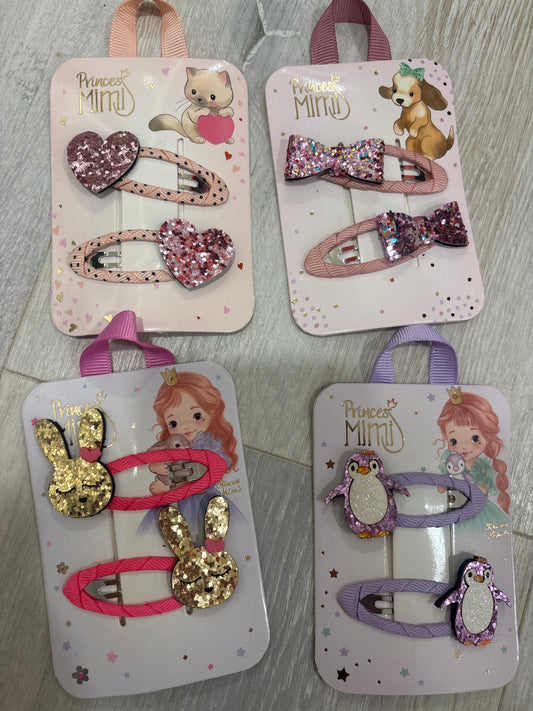 Princess Mimi Hair Clips Glitter Motif And Textile