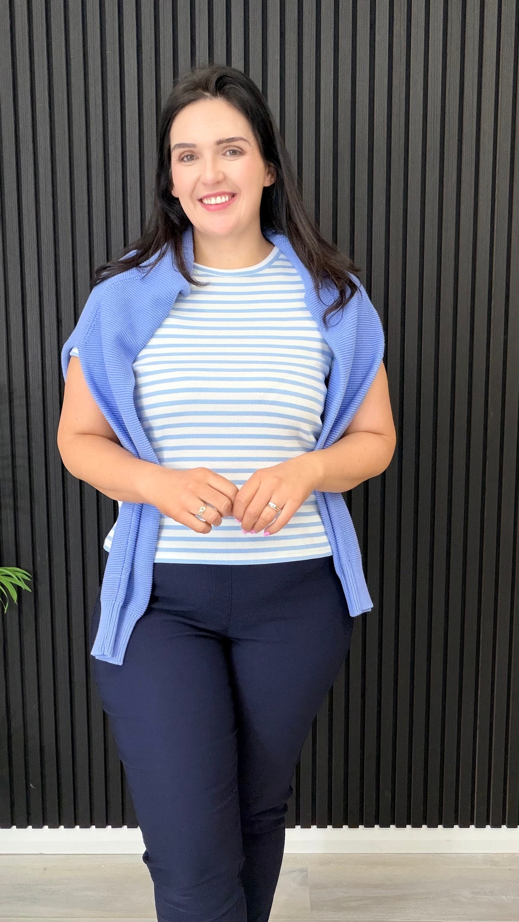 Sally striped short sleeve t-shirt in blue styled with navy trousers