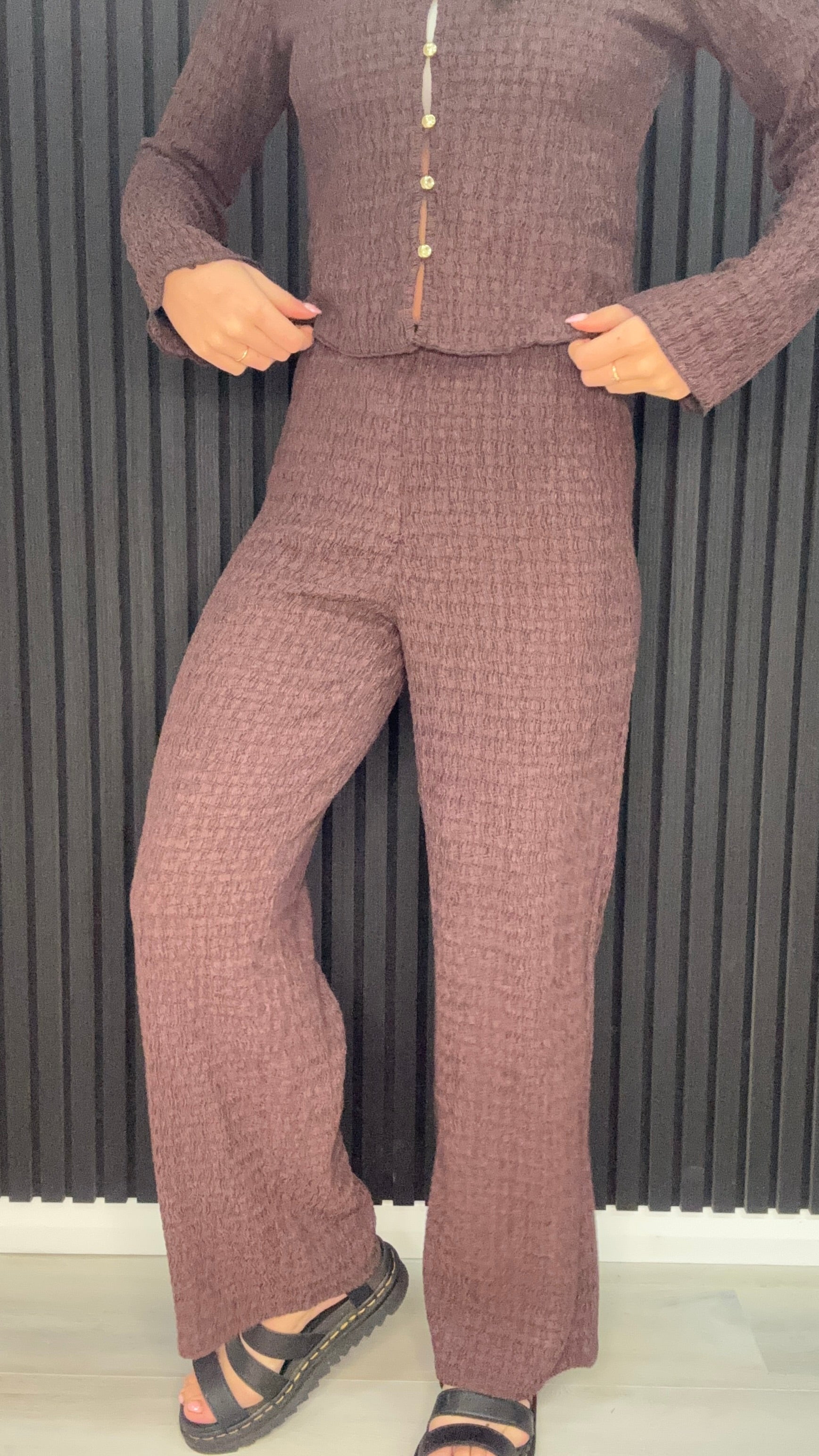 Women’s deep mahogany textured co-ord top with V-neck and button front detail