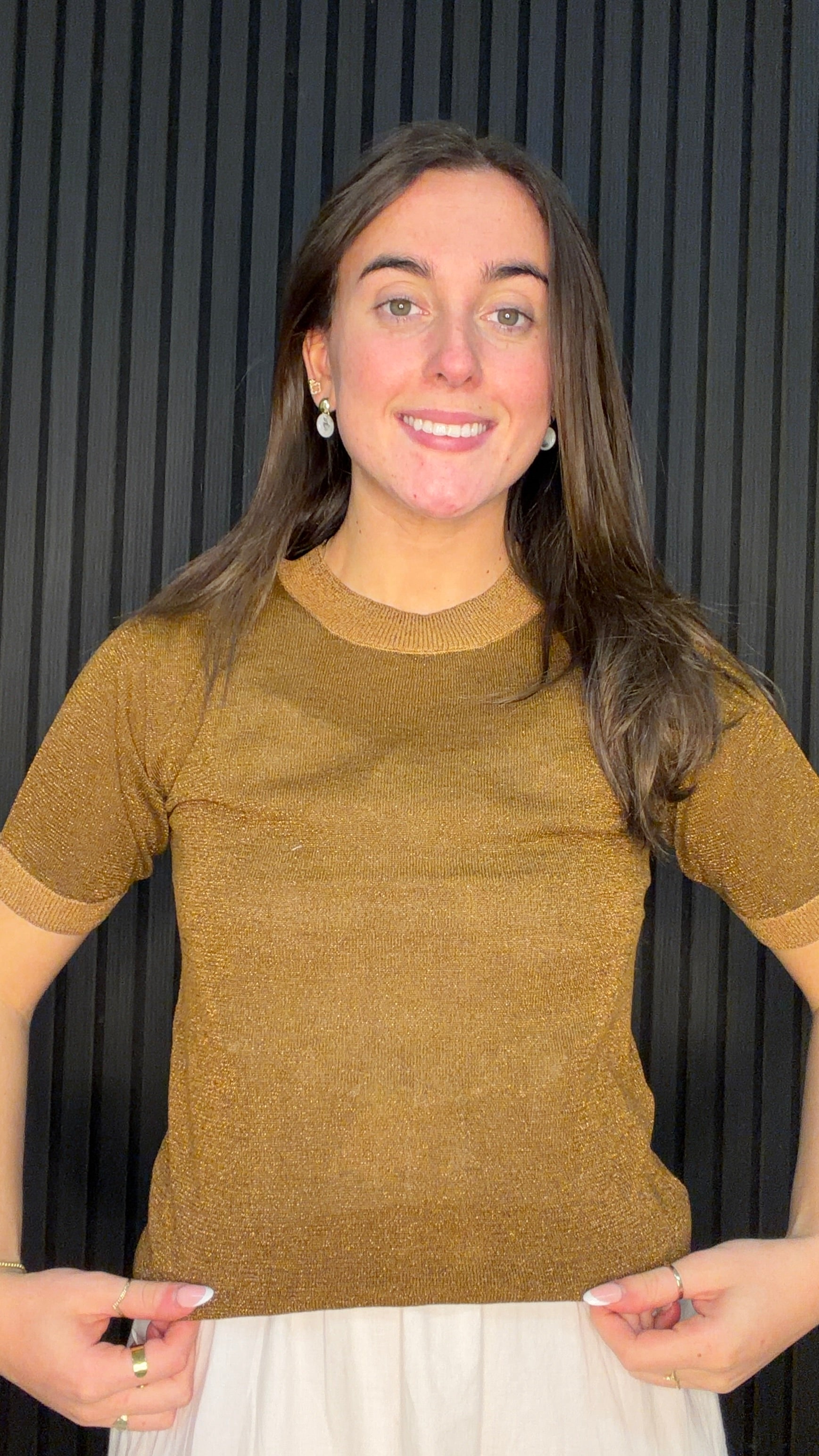 Bernie Contrast Glitter Knit Top in Nuthatch with glitter trim at the neckline and sleeve cuffs.