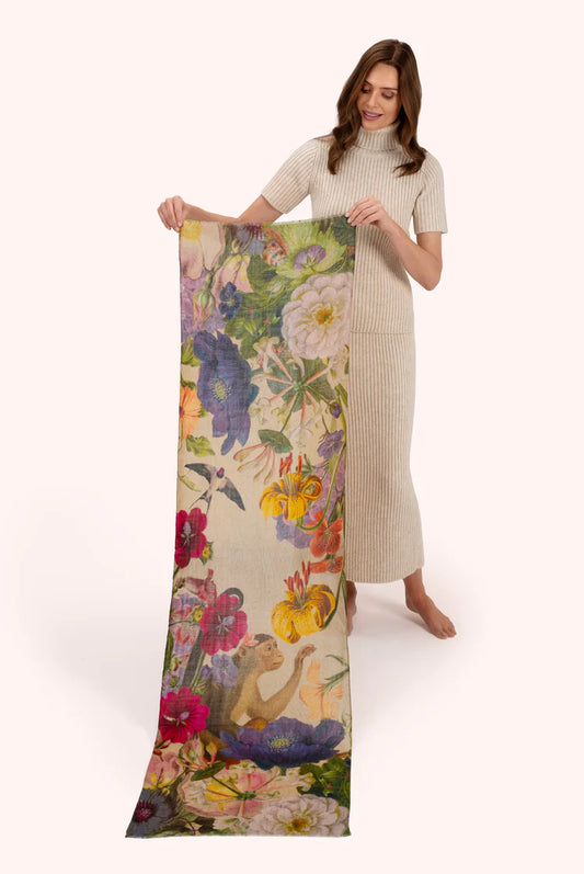 WOOL WRAP SCARF - AUTUMN POSY, CREAM