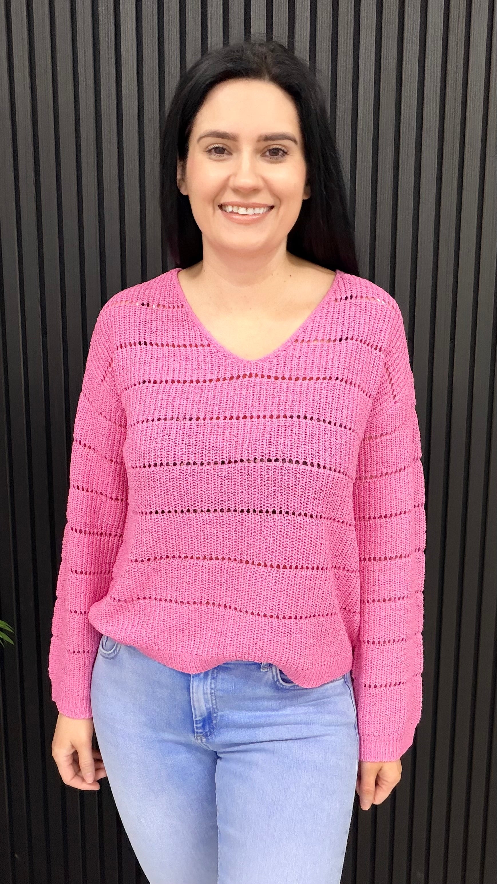 Pamela lightweight flat knit jumper with open stitch detail in pink