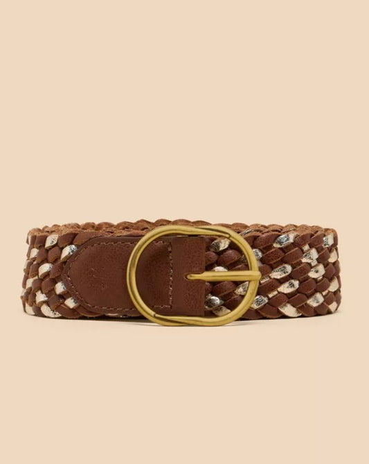 LEATHER WEAVE BELT IN TAN MULTI