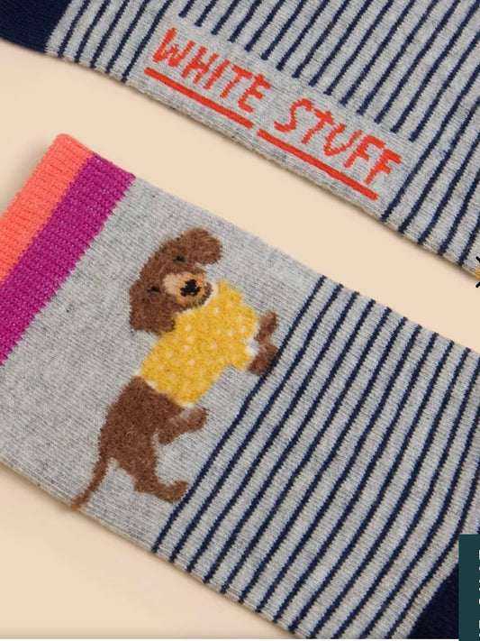 FLUFFY SAUSAGE DOG ANKLE SOCK  IN GREY MULTI