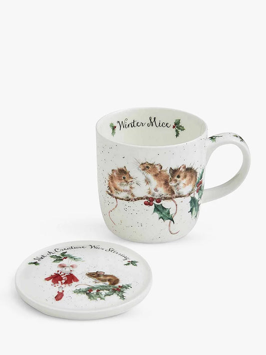 Wrendale Designs Winter Mice Mug & Coaster Fine Bone China Gift Set, 310ml