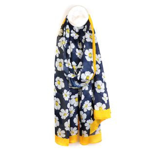 52669 Silky navy pansy print scarf with yellow border