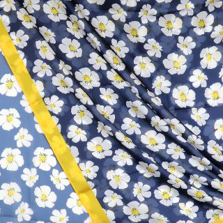 52669 Silky navy pansy print scarf with yellow border