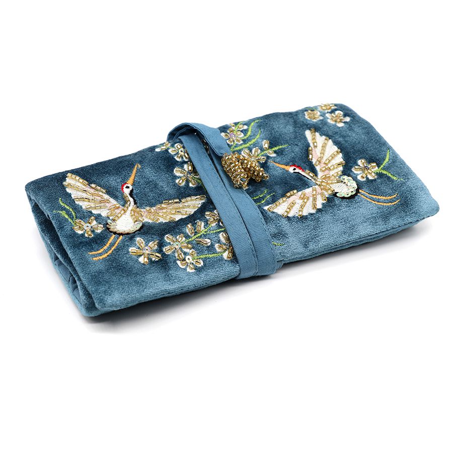 81448 Blue velvet embroidered crane jewellery roll