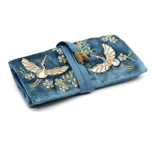 81448 Blue velvet embroidered crane jewellery roll