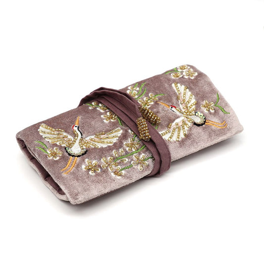 81449 Mink velvet embroidered crane jewellery roll